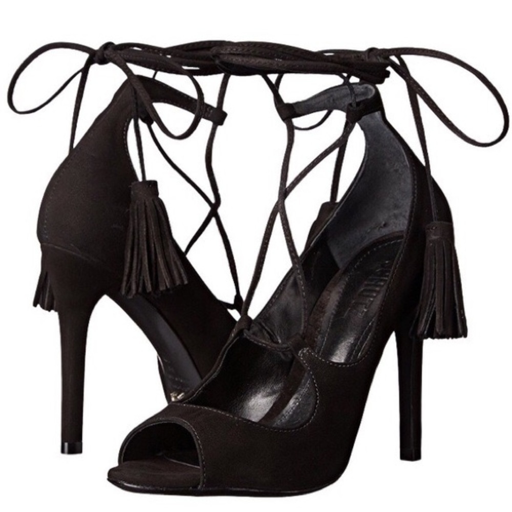 SCHUTZ Black Suede Lace Up Tassel Ankle Wrap Open Toe High Heel Yassu Sandals 10